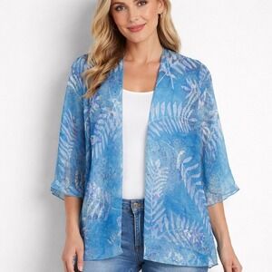 Simply Silk Blue Tropical Sheer Kimono Cardigan Silk Blend Open Front Womens S